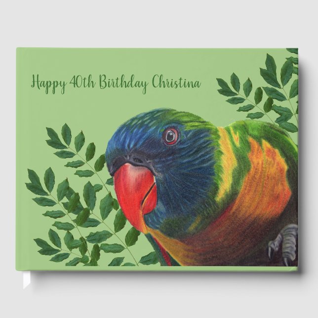 Colourful Macaw Parrot Green Leaves Birthday Guest Book (Front)