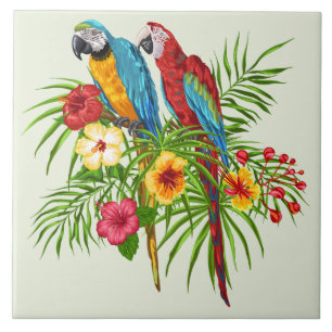 Colourful Macaw Parrots and Hibiscus Flowers  Tile