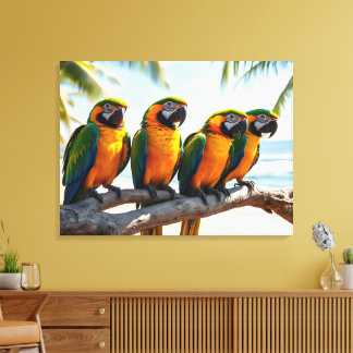 Colourful Macaw Parrots By Beach Bird Art Canvas Print