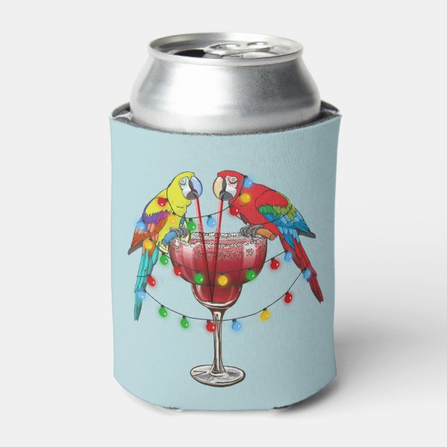 Colourful Macaw Parrots Drinking Red Wine Can Cooler (Can Front)