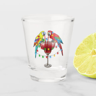 Colourful Macaw Parrots Drinking Red Wine Shot Glass