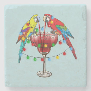 Colourful Macaw Parrots Drinking Red Wine Stone Coaster