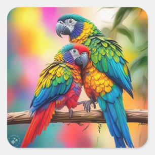 Colourful Macaw Parrots On A Branch-45739 Square Sticker