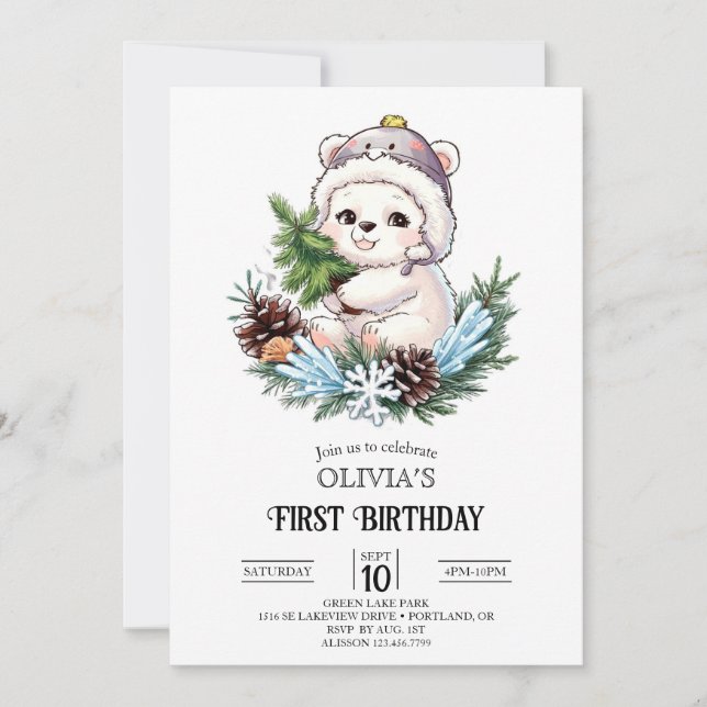 Colourful Magic Polar Bear 1st Birthday Digital Invitation (Front)