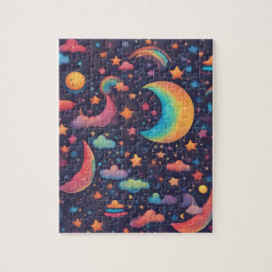 Colourful Magic Sky With Cute Moon Jigsaw Puzzle
