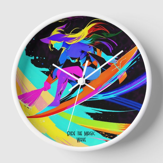 Colourful Magical Abstract Surfing Witch Clock (Front)