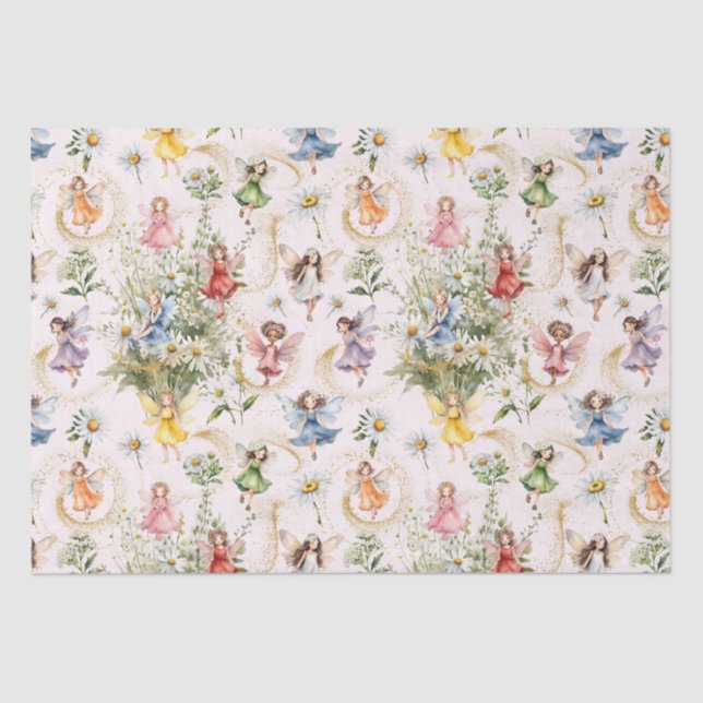 Colourful Magical Cute Floral Fairies Gold Glitter Tissue Paper (Front)