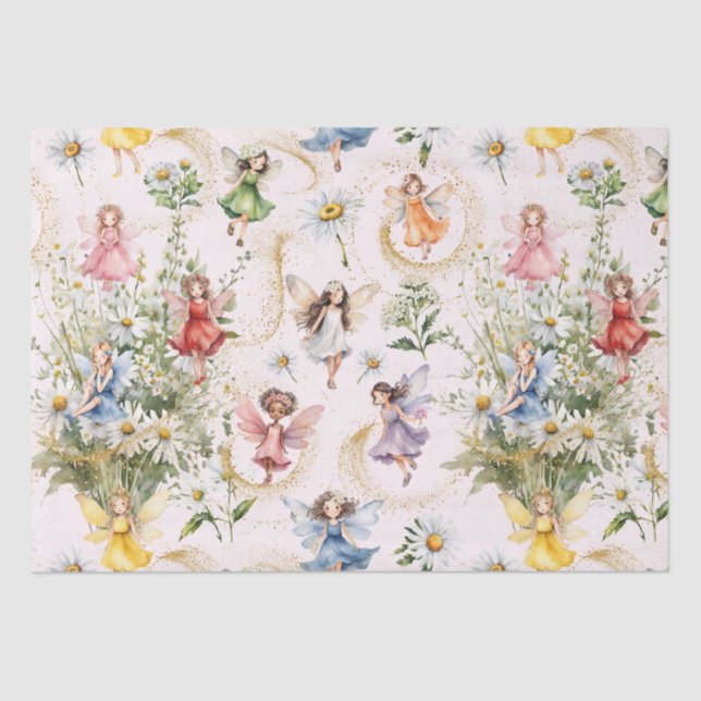 Colourful Magical Cute Floral Fairies Gold Glitter Tissue Paper (Front)
