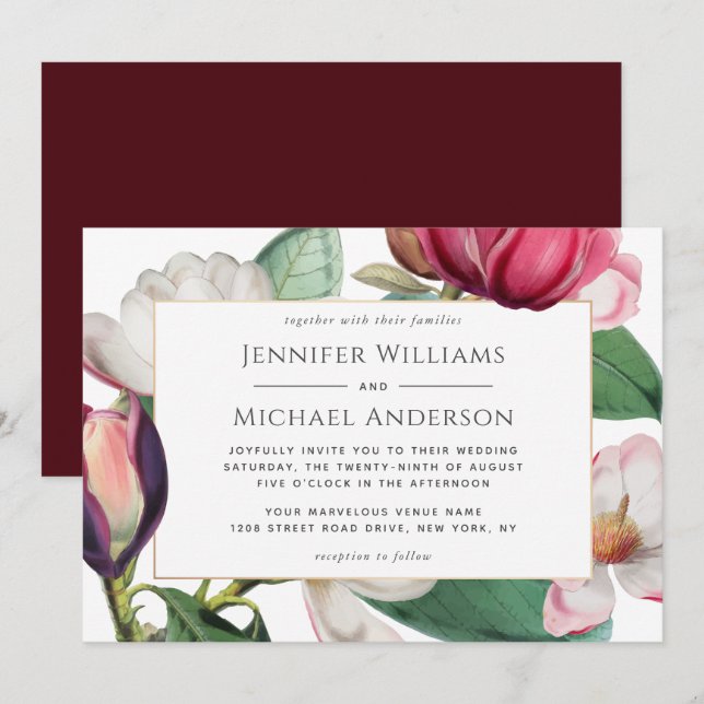 Colourful Magnolia Blossoms Elegant Floral Wedding Invitation (Front/Back)