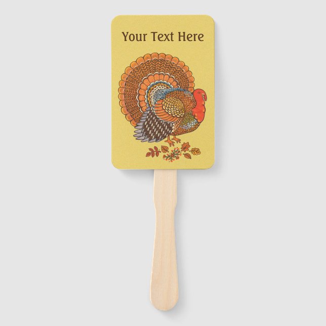 Colourful Male Turkey Big Tail Leaves Yellow Hand Fan (Front)