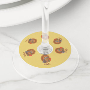 Colourful Male Turkeys Fanned Tails leaves Yellow Wine Glass Tag