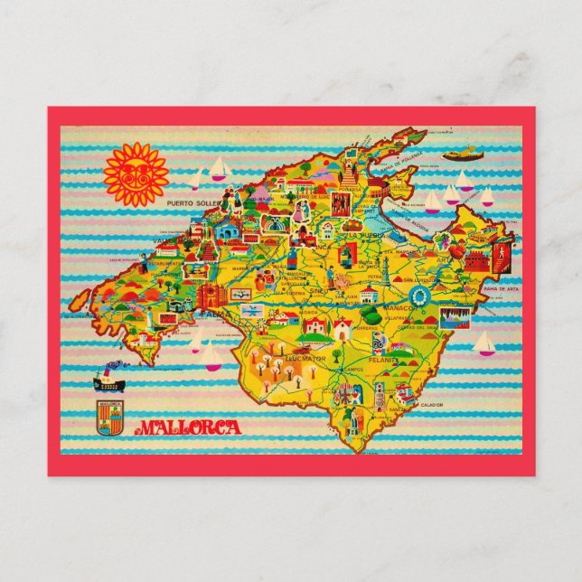 Colourful Mallorca Spain Map Postcard (Front)