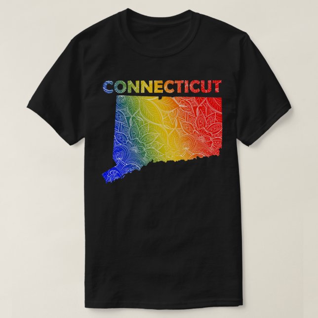 Colourful mandala art map of Connecticut with text T-Shirt (Design Front)