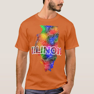 Colourful mandala art map of Illinois with text in T-Shirt