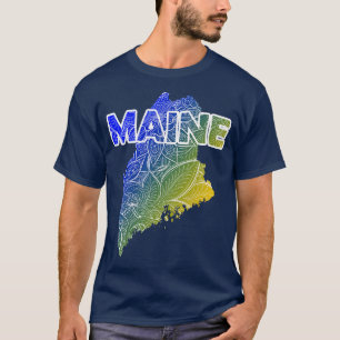 Colourful mandala art map of Maine with text in bl T-Shirt