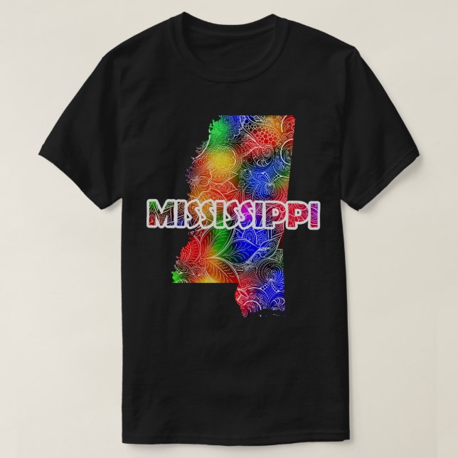 Colourful mandala art map of Mississippi with text T-Shirt (Design Front)