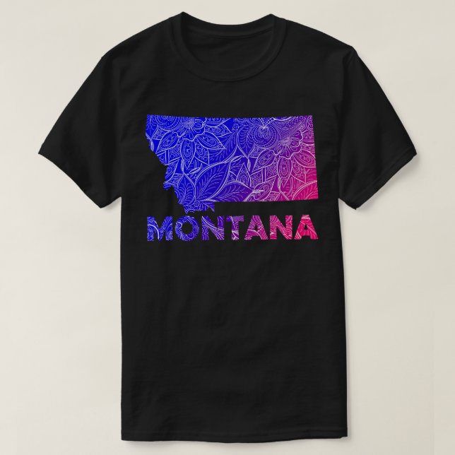 Colourful mandala art map of Montana with text in  T-Shirt (Design Front)