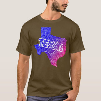 Colourful mandala art map of Texas with text in bl T-Shirt