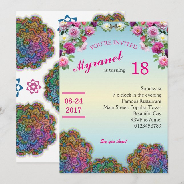 Colourful Mandala Birthday Invitation with flowers (Front/Back)