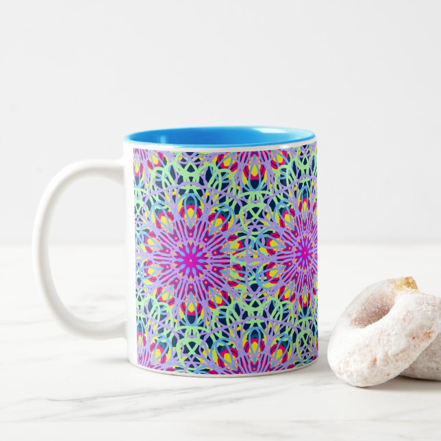 Colourful Mandala Cosmic Flower Rays Two-Tone Coffee Mug (With Donut)