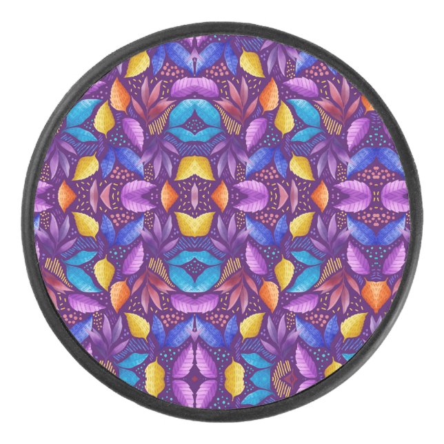 Colourful mandala design on a purple background hockey puck (Front)