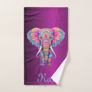Colourful Mandala Elephant with Customised Name Bath Towel Set