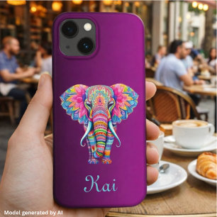 Colourful Mandala Elephant with Customised Name iPhone 13 Case