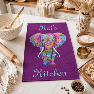 Colourful Mandala Elephant with Customised Name Tea Towel