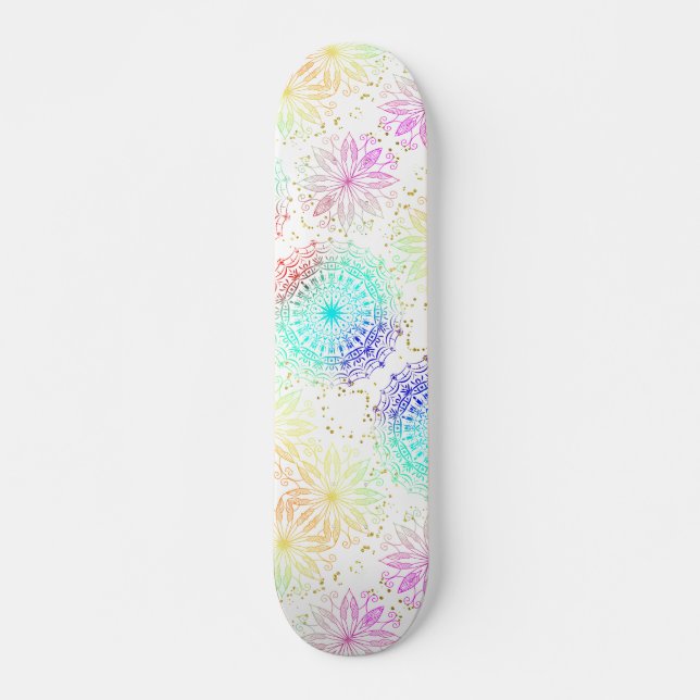Colourful Mandala Floral White  Skateboard (Front)