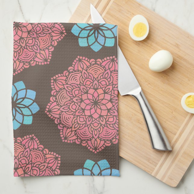 Colourful Mandala Flowers Tea Towel (Quarter Fold)