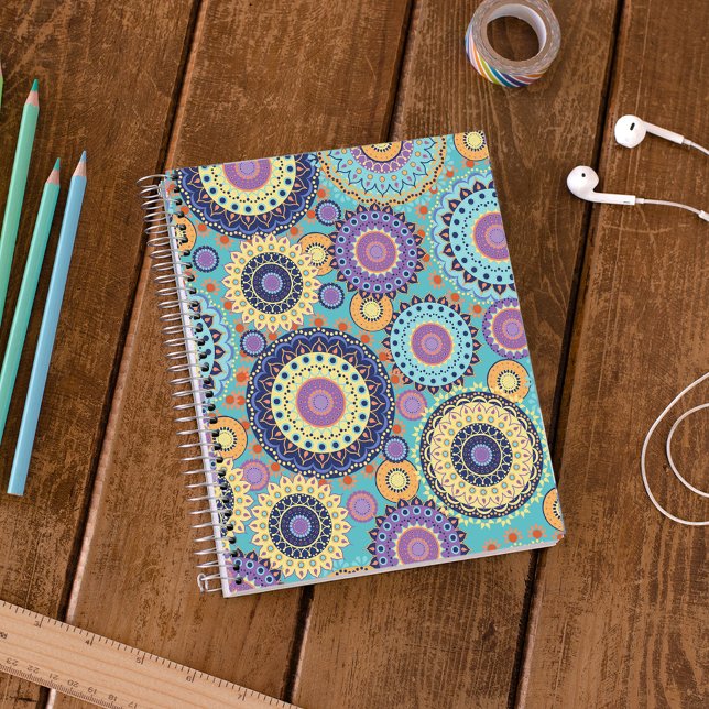 Colourful Mandala Geometric Pattern  Notebook (Colorful mandala geometric spiral notebook with vibrant teal, purple, and boho medallion design.)