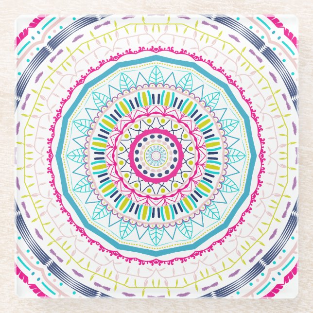 colourful mandala glass coaster (Front)