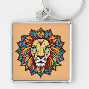 "Colourful Mandala Lion: Geometric Art Design" Key Ring