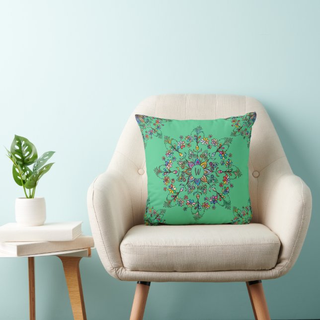 Colourful Mandala Monogrammed Throw Pillow (Chair)