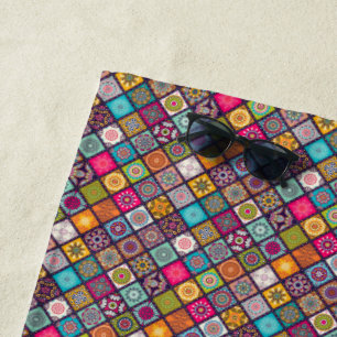 Colourful mandala Moroccan art beach style Beach Towel