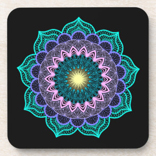 Colourful Mandala on Black Background Coaster