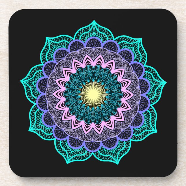 Colourful Mandala on Black Background Coaster (Front)