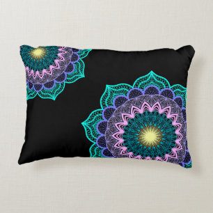 Colourful Mandala on Black Background Decorative Cushion