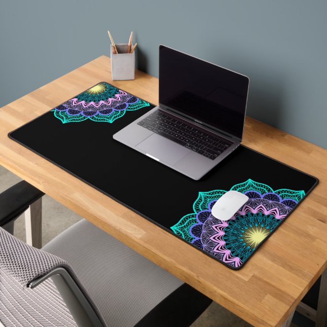 Colourful Mandala on Black Background Desk Mat (Office 2)