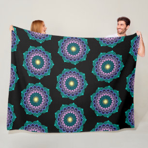 Colourful Mandala on Black Background Fleece Blanket