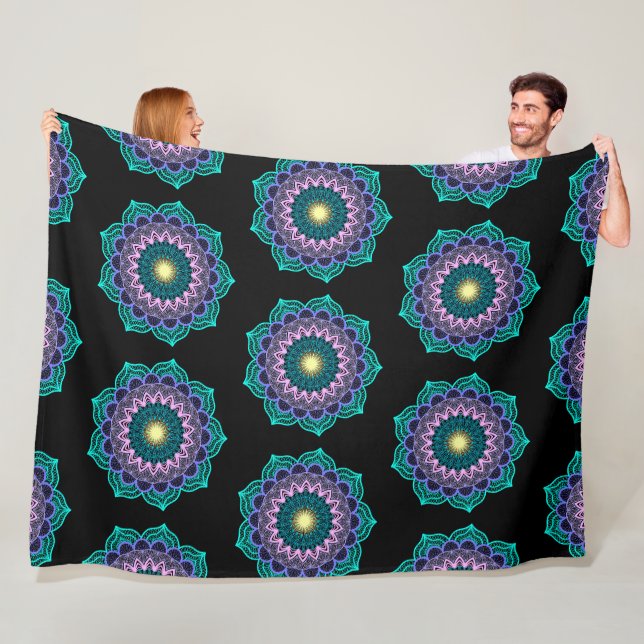 Colourful Mandala on Black Background Fleece Blanket (In Situ)