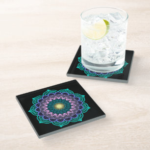 Colourful Mandala on Black Background Glass Coaster