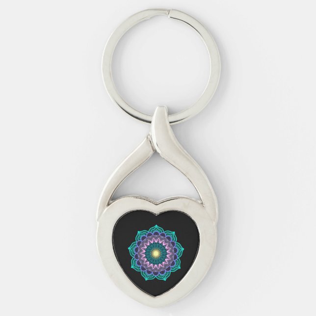 Colourful Mandala on Black Background Key Ring (Front)