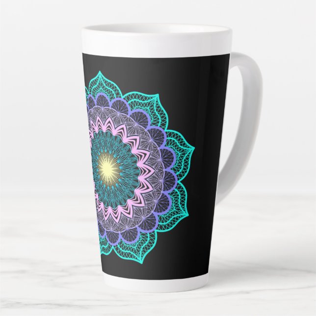 Colourful Mandala on Black Background Latte Mug (Right Angle)
