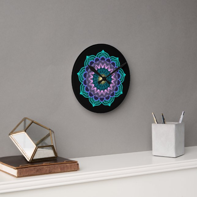 Colourful Mandala on Black Background Round Clock (Office)