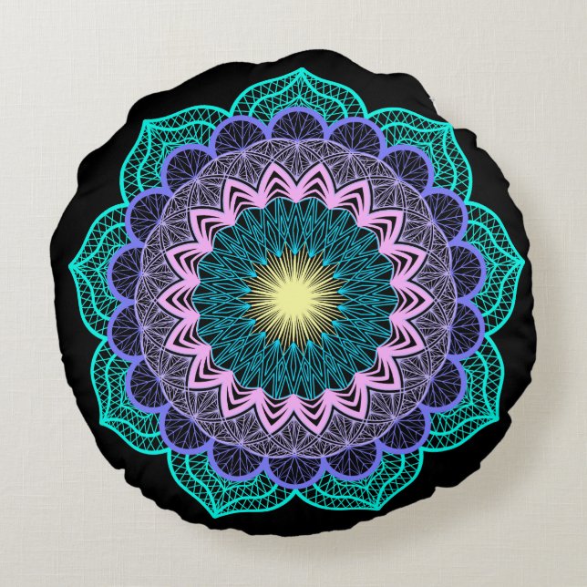 Colourful Mandala on Black Background Round Cushion (Back)