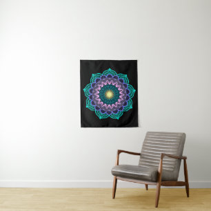 Colourful Mandala on Black Background Small Tapestry
