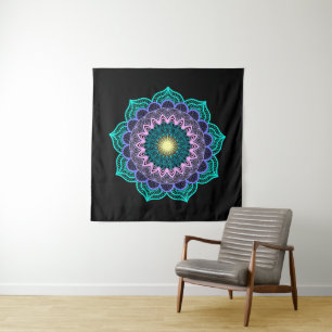Colourful Mandala on Black Background Square Tapestry