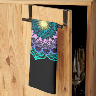 Colourful Mandala on Black Background Tea Towel