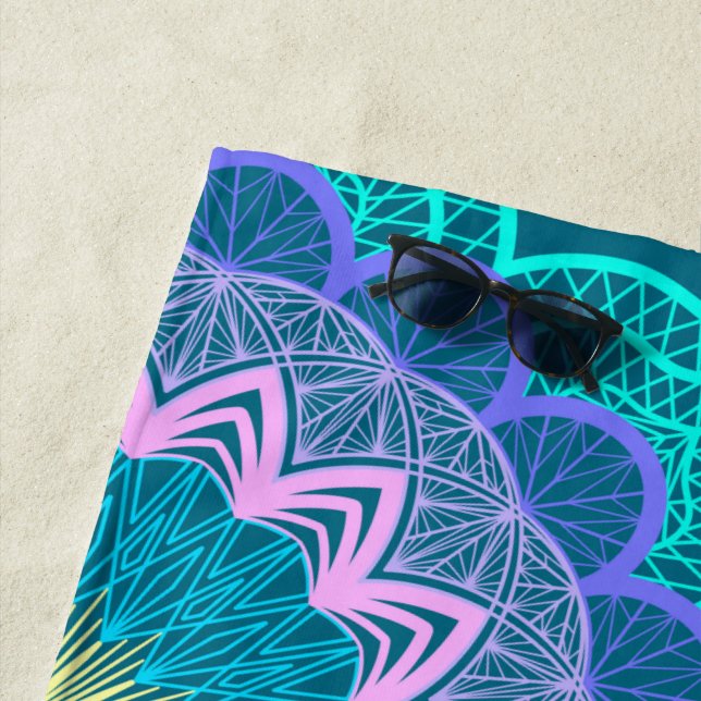 Colourful Mandala on Blue Background Beach Towel (In Situ)